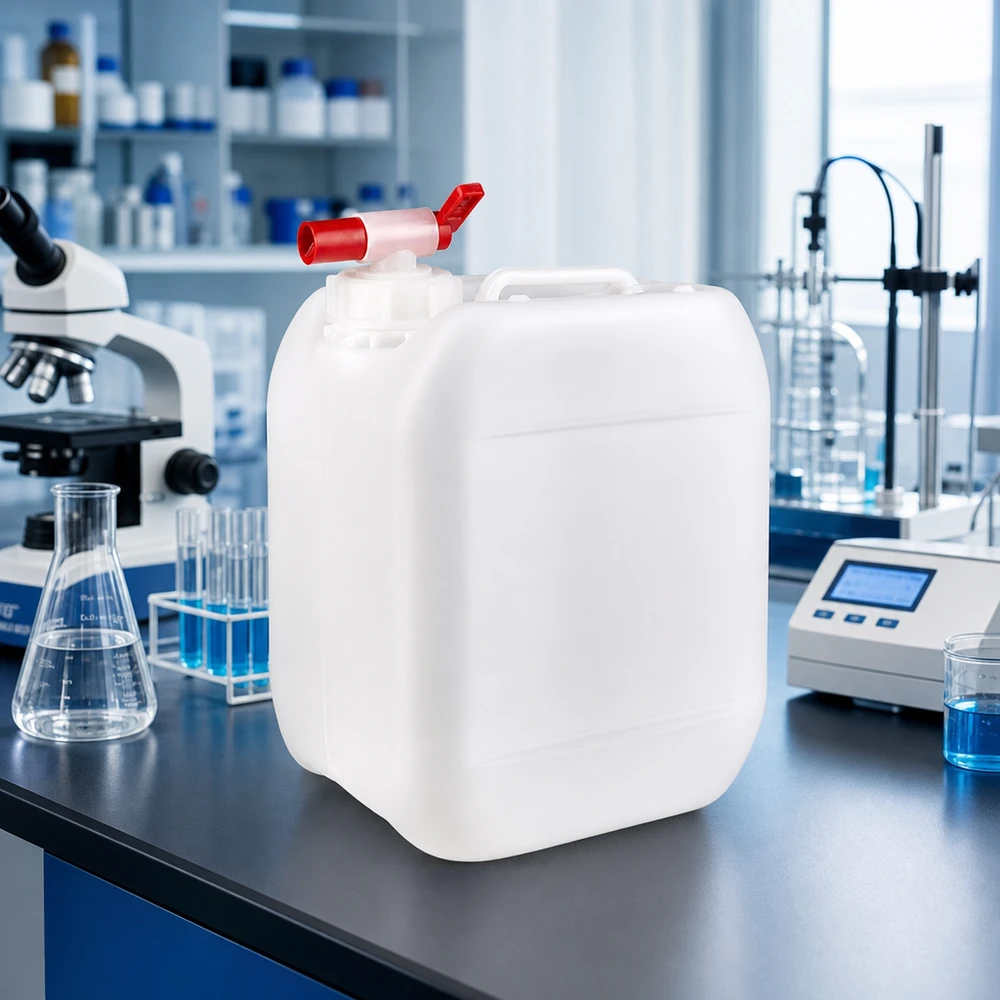 Stapelbarer 5 Liter Kanister mit integriertem Tragegriff und rotem Auslaufventil