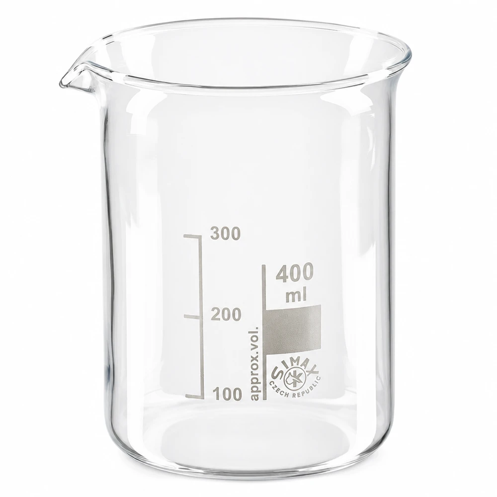 Becherglas 400ml Borosilikatglas, niedrige Form Professionelles 400ml Becherglas niedrige Bauform aus klarem Borosilikatglas mit Skala