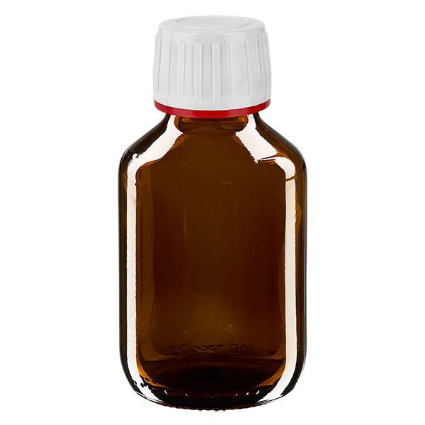 100ml Medizinflasche braun, Verschluss weiß mit Originalitätsring rot ApoGlas 100ml Medizinflasche braun, Verschluss weiß mit Originalitätsring rot ApoGlas