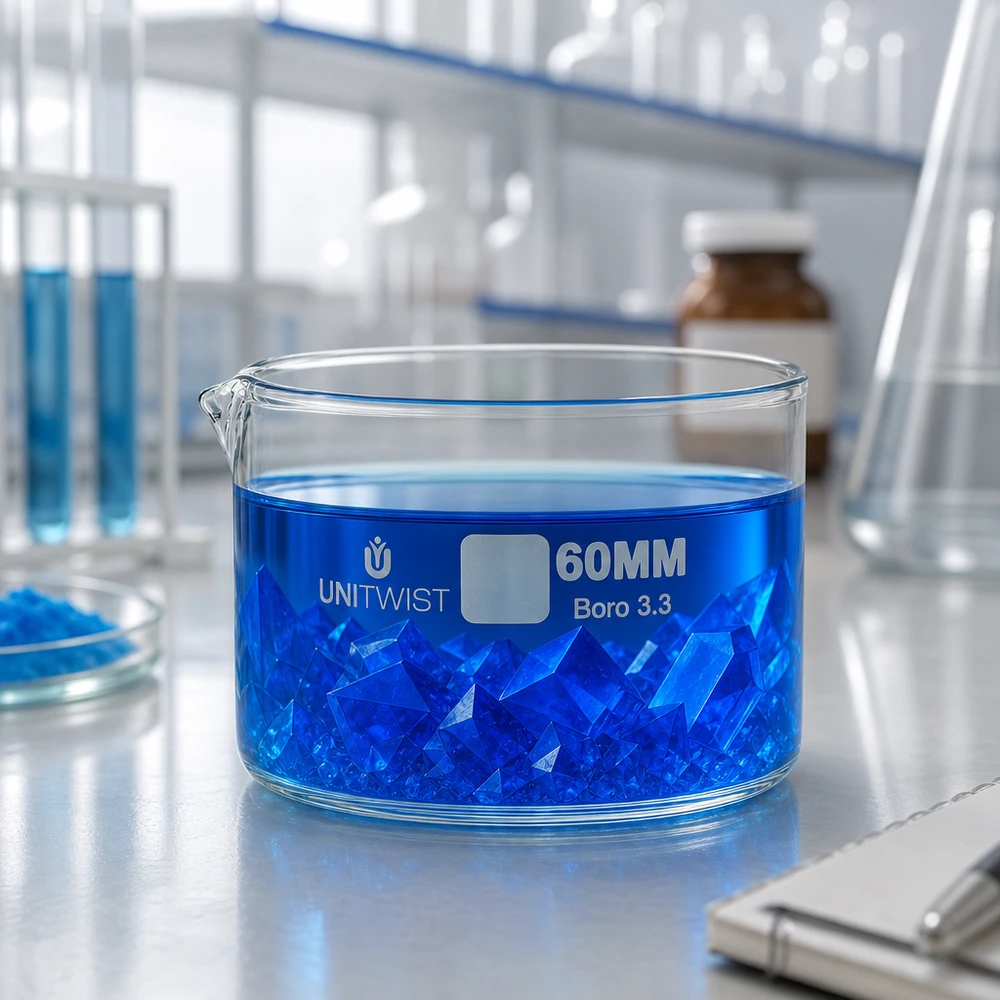 Kristallisierschale Borosilikatglas 60mm UNiTWIST mit blauer Lösung und Salzkristallen Labor