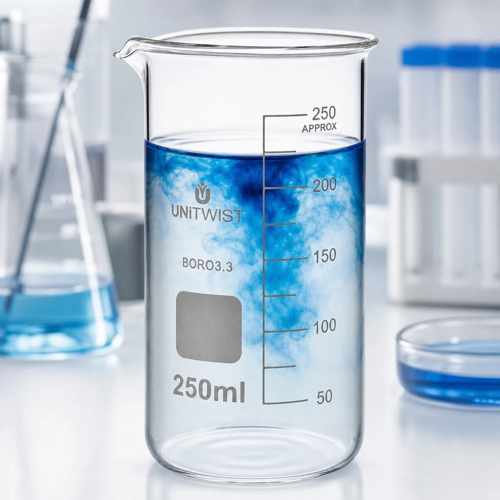 Zylindrisches Becherglas 250ml BORO3.3 mit Ausgießer und blaue Flüssigkeit im Inneren