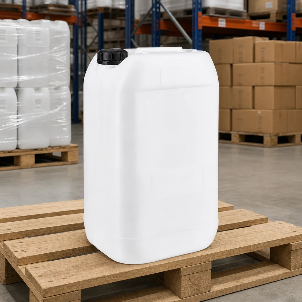 Kanister 15 Liter mit Schraubverschluss Originalitätsverschluss Kompakter Vorratskanister 15L in Weiß für Lagerung und Logistik auf Euro Holzpalette
