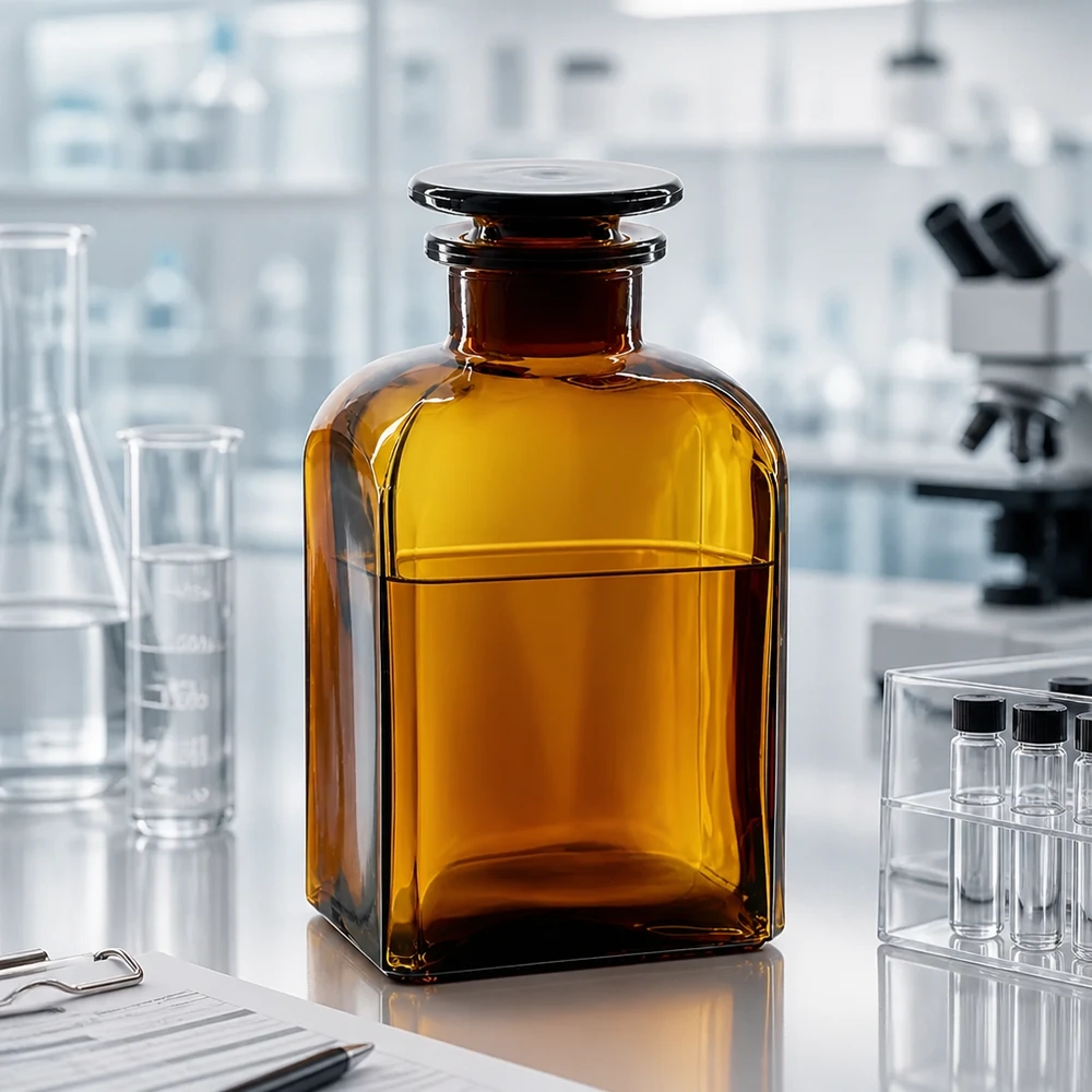 Braune Glasflasche 500ml mit Weithals für einfaches Befüllen und Entleeren im Labor