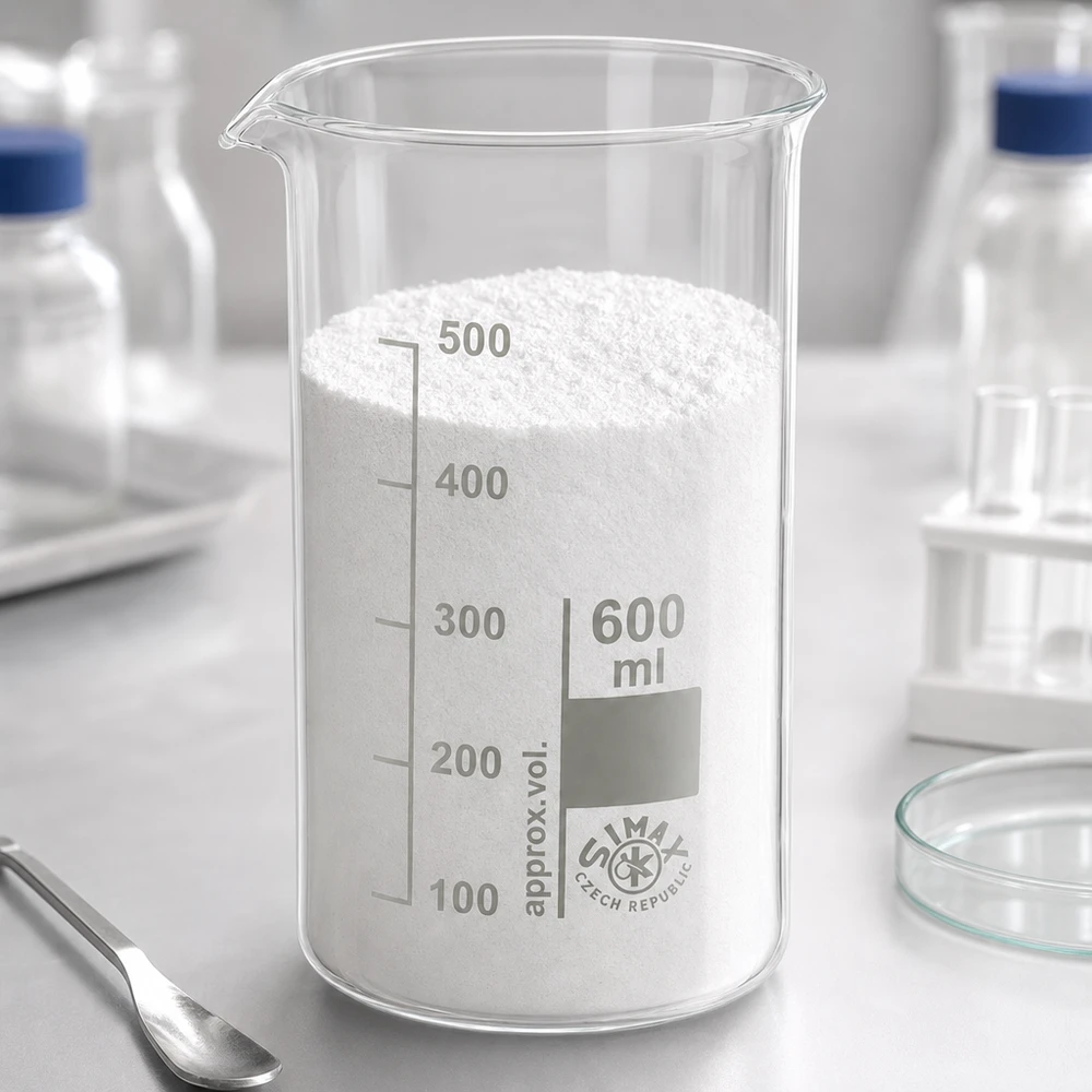 Transparentes Becherglas 600ml hohe Form mit weißem Feststoff und seitlichem Ausguss im Labor