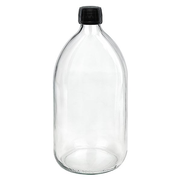 1000ml Medizinflasche klar, Verschluss schwarz mit Originalitätsring ApoGlas