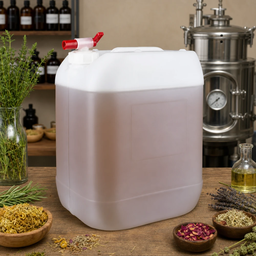 Quaderförmiger 20 Liter Lagerbehälter mit seitlichem Ablasshahn in der Aromatherapie-Produktion